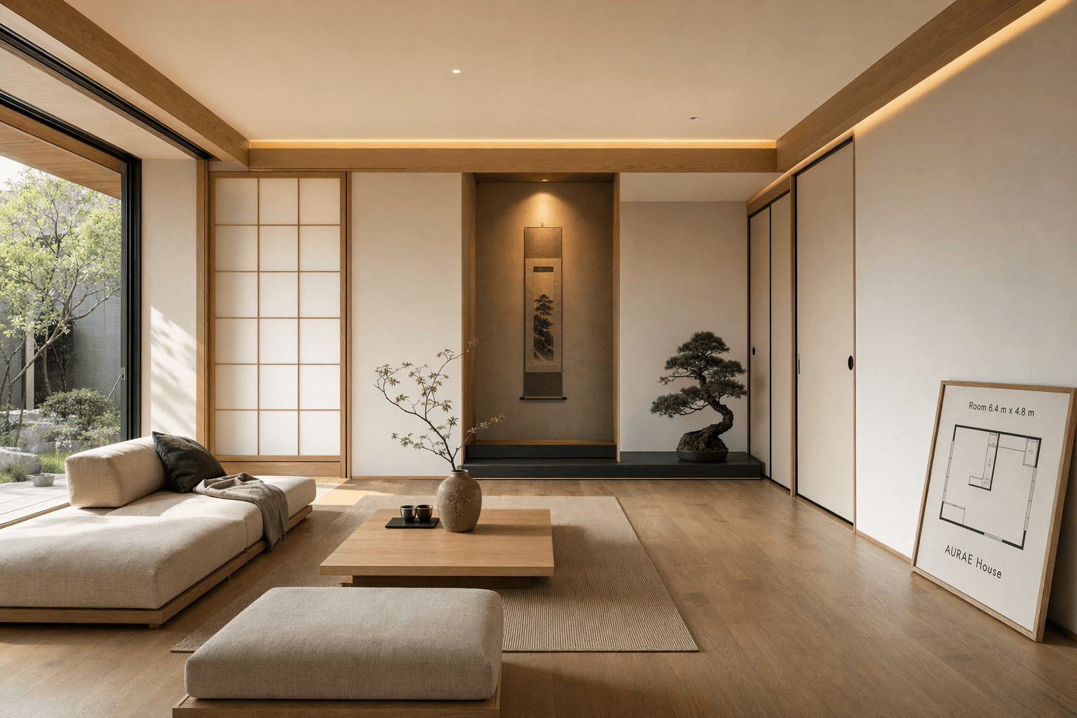 Japanese Minimalist Living Room Render
