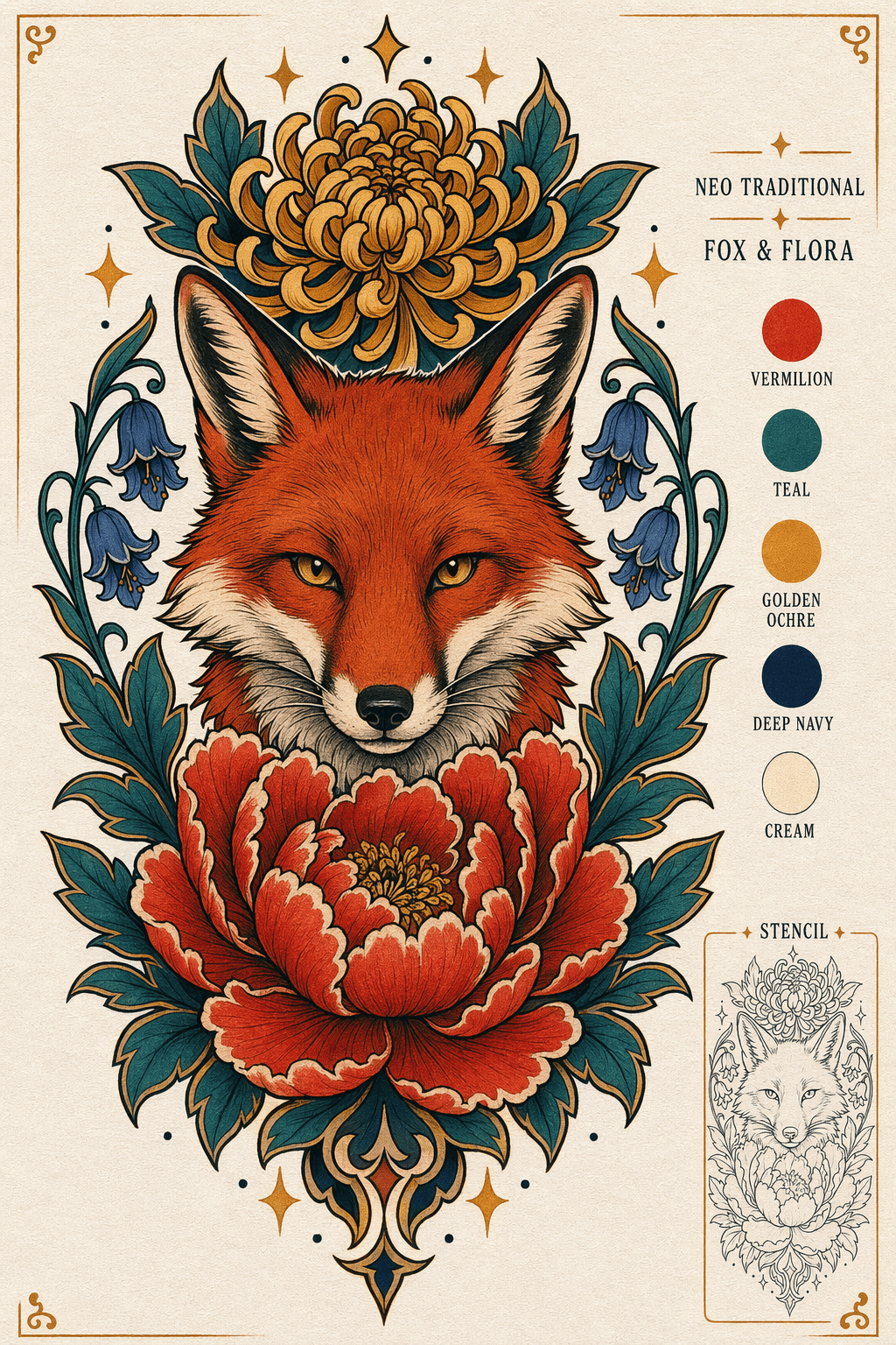 Color Neo Traditional Fox Flora